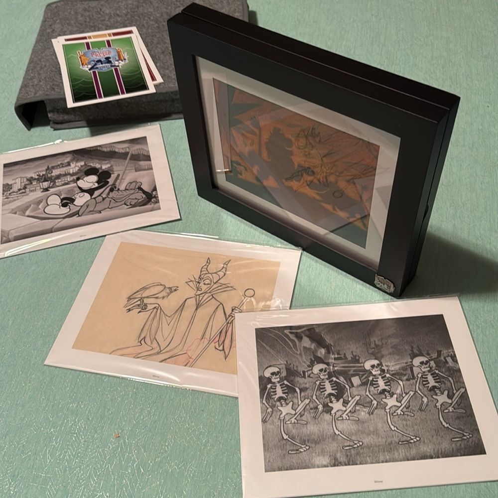 Disney Art D23 set of 4 8x10 prints in wood 12x10x2 brass & felt case frame